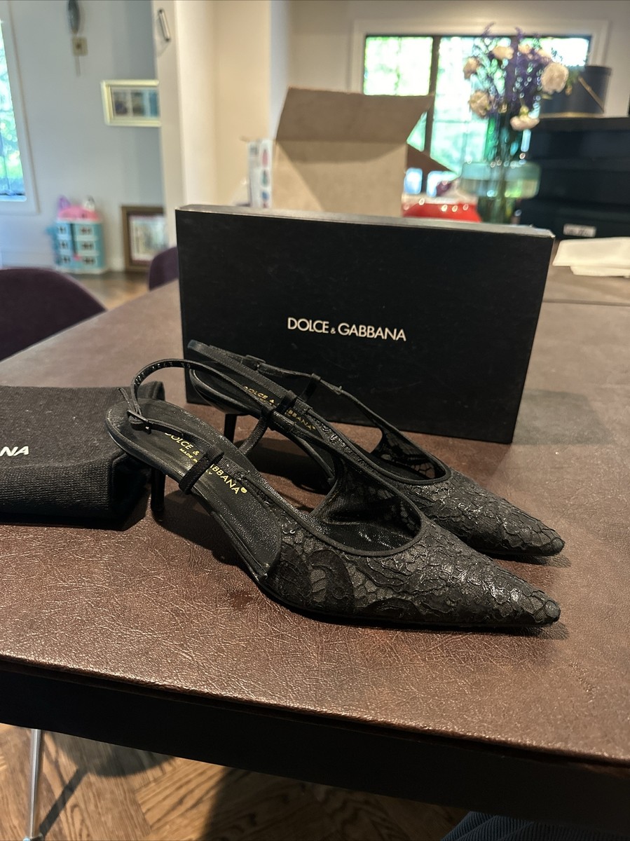 シューズ・サンダルその他 Dolce&Gabbana Black lace slingback with rhinestones Dolce Gabbana Black lace sandals Slingback Pointed Toe With