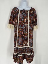 Matilda Jane Womens Intermission Brown White Lace Floral Boho Shift Dress Sz XS