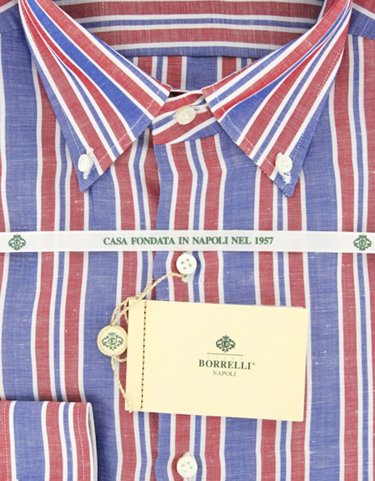 Luigi Borrelli Red White, Blue Striped Cotton Shirt 17/43 - Image 2 of 4