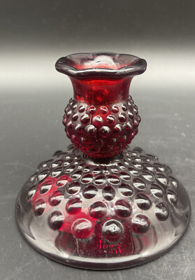 VTG FENTON Deep Ruby Red Hobnail Glass Candlestick Holder