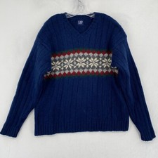 Vintage Gap Shetland Wool Sweater Men Large Navy Blue Fair Isle V Neck Fisherman