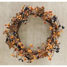 Fall Pip Berry Wreath Candle Ring with Rusty Stars Orange Black