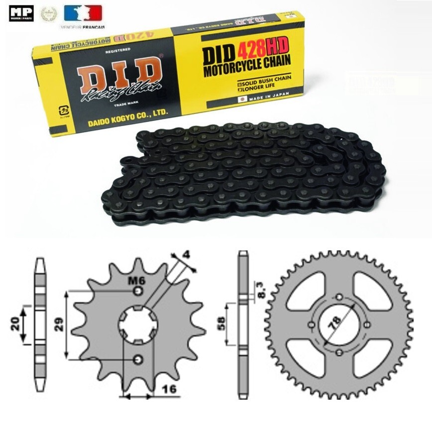 Kit chaîne DID 428 Suzuki RG125 Gamma pour restauration moto ancienne et sorties route