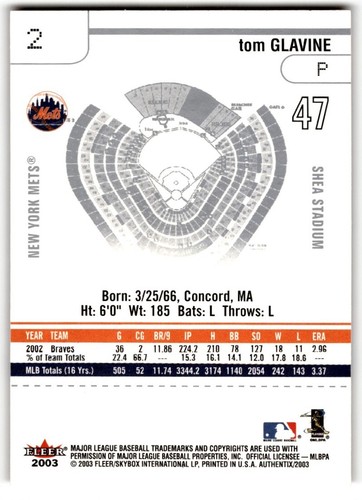 2003 Fleer Authentix Tom Glavine #2 New York Mets - Picture 2 of 2