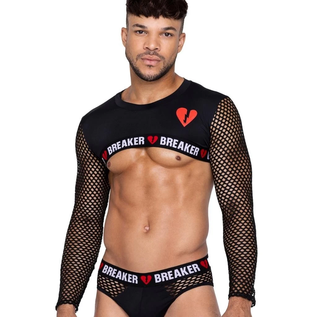 sexy ROMA men's HEARTBREAKER long SLEEVED cropped FISHNET crew NECK shirt TOP
