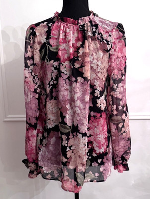 H&M Conscious Blouse S Black Pink Floral Chiffon Ruffle Neck Long Sleeve Sheer