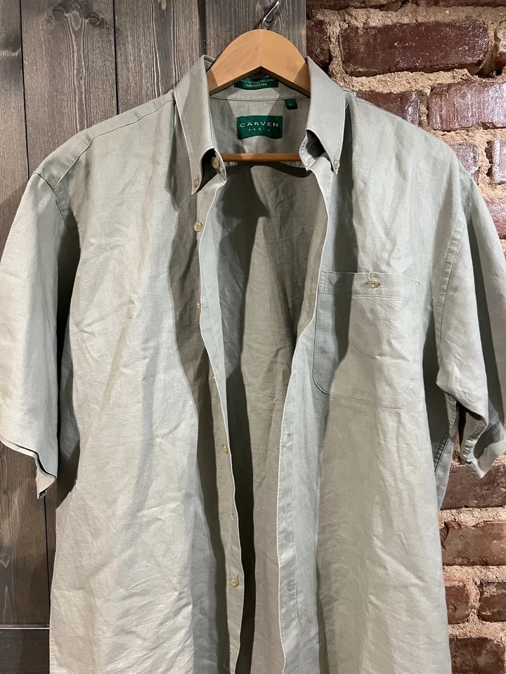 Camisa CARVEN PARIS Hombre L Abotonada SS Verde Suave Diseñador Lujo Lino/Algodón Foto 3 de 4