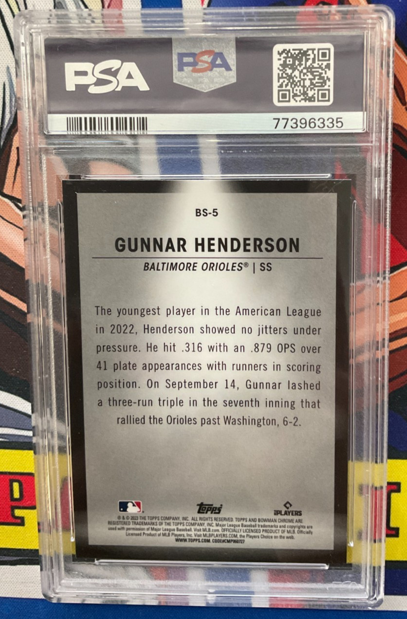 2023 Bowman #BS-5 Gunnar Henderson Spotlights Rookie RC Chrome PSA 10 GEM MINT view 2