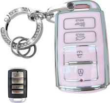 Keyless Entry Systems Key Fob Cover Shell with Keychain Fit for- Silver-Pink
