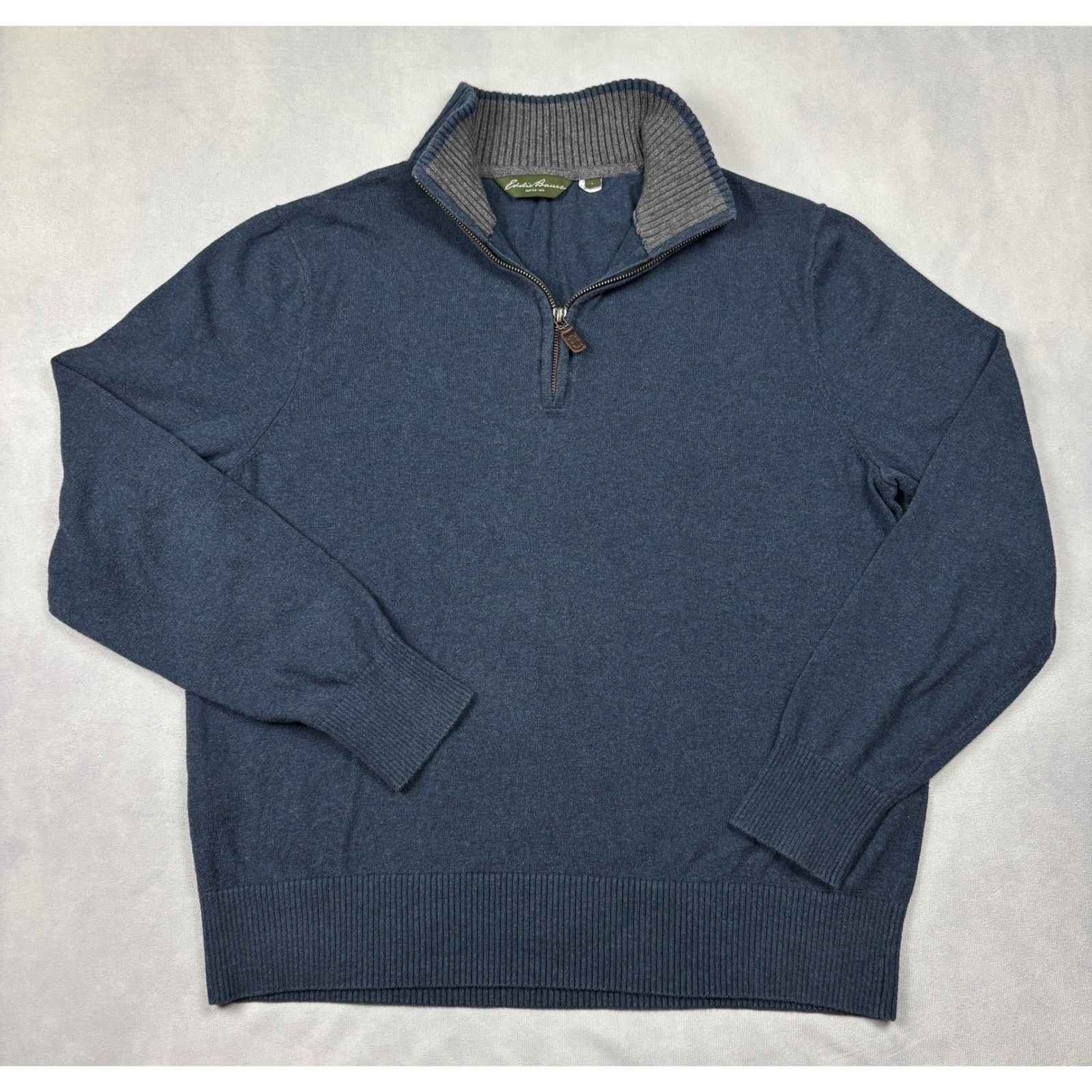 Eddie Bauer Mens Blue Cotton Cashmere Quarter Zip Sweater Large 14003804