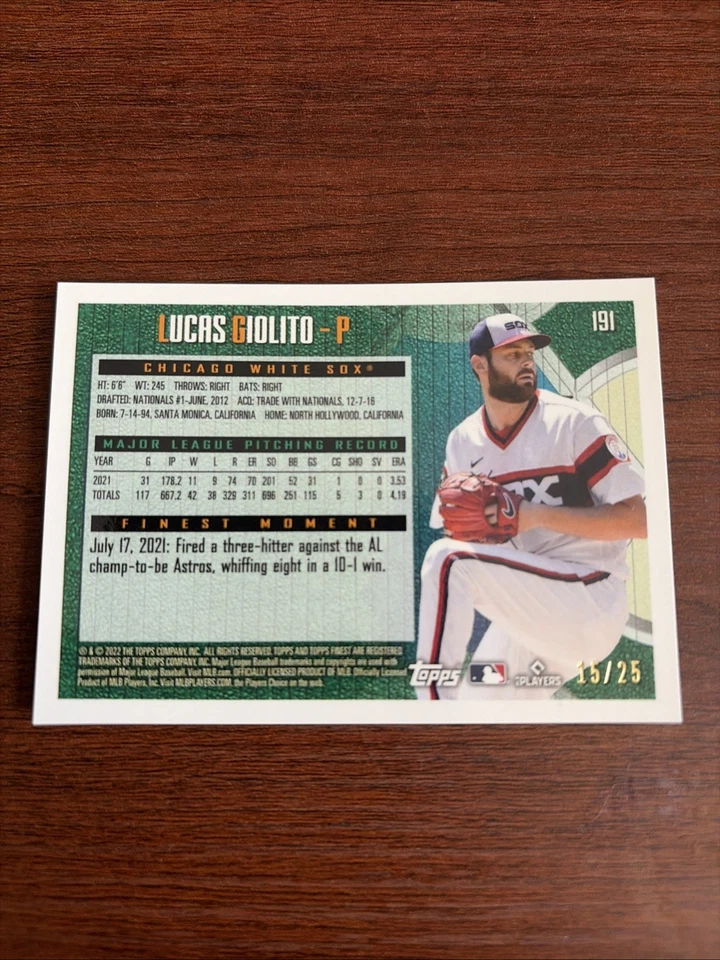 2022 Topps Finest Flashbacks Black Prism Refractor /25 Lucas Giolito No191 - Изображение 2 из 2