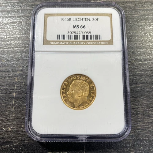 1946-B Liechtenstein 20 Franken Gold High Grade Low Population NGC MS66 Item9969