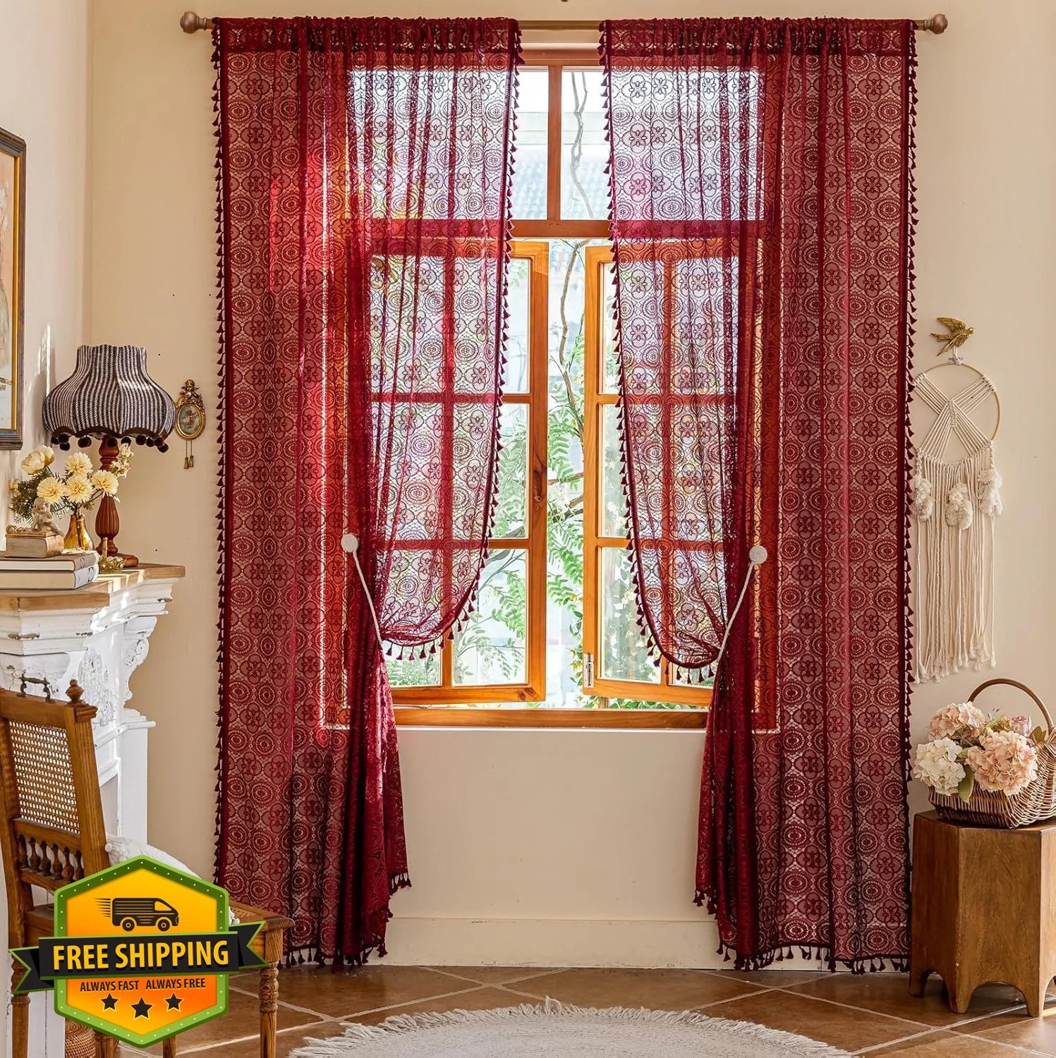 YJ YANJUN Boho Lace Curtains 90" 2 Panels Red Burgundy Vintage Floral Tassel ...