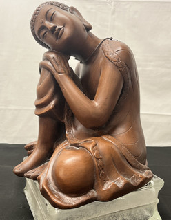 12" Wooden Sleeping Buddha Statue Hand Carved Resting Sitting Wood Figurine Art