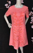 Croatian Vintage 60s 70s Linen Hand Embroidered Floral Orange Sheath Dress M