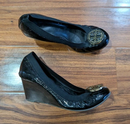 Tory Burch Caroline décolleté zeppa nere vernice punta tonda donna taglia 8