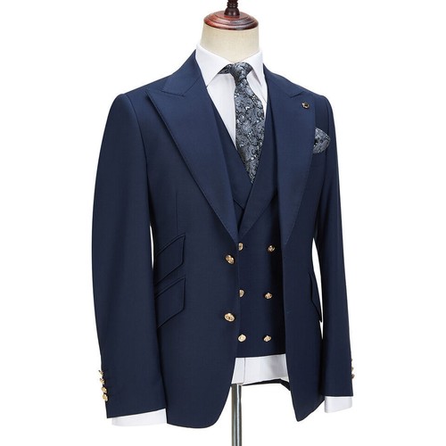 Men Suit 3 Piece Peak Lapel Blazer Party Dinner Prom Groom Tuxedo Wedding Custom - Picture 3 of 12