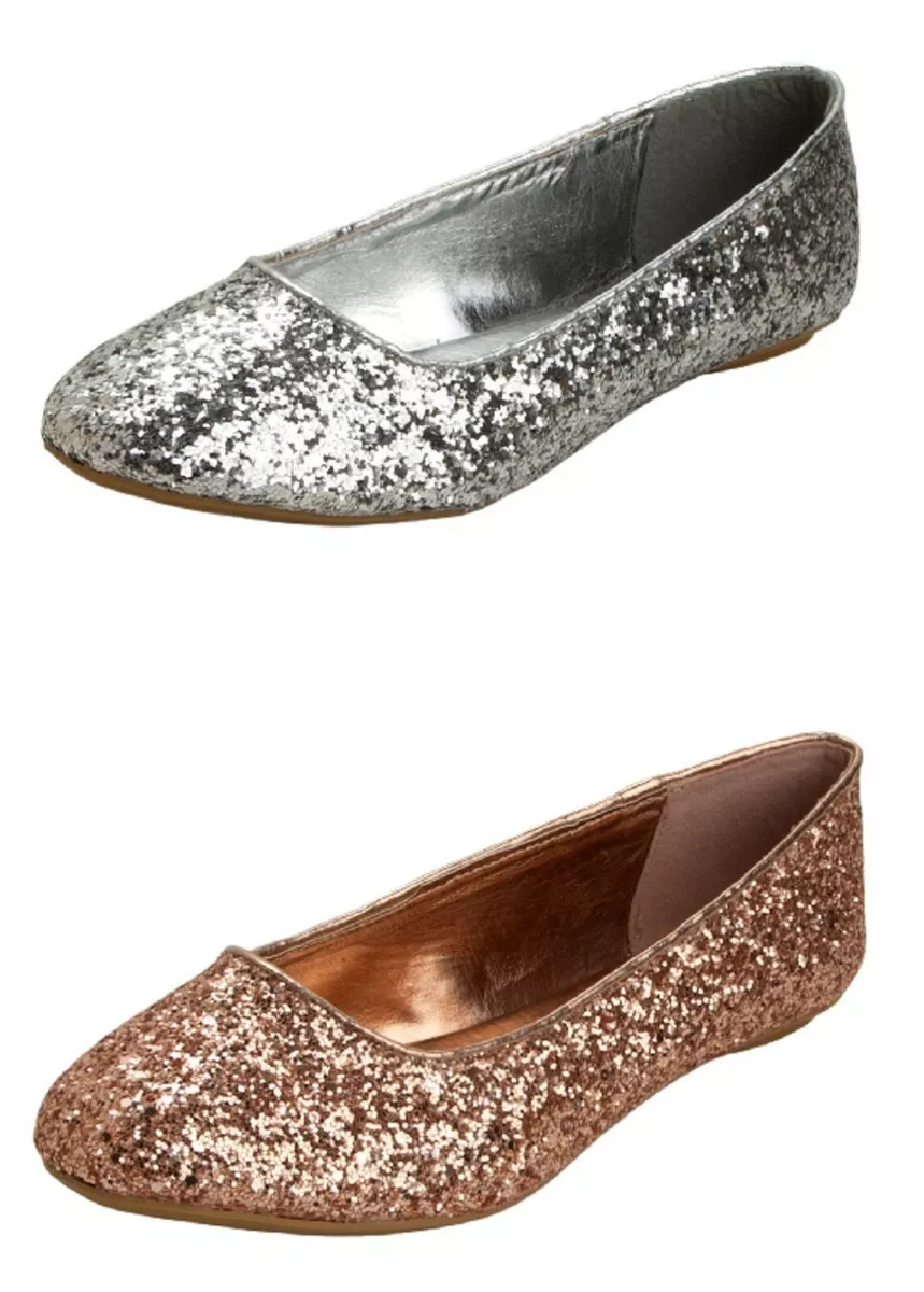 WOMENS SLIP ON PUMPS LADIES GLITTER DOLLY SHOES BRIDAL BALLERINA SHOES SIZE