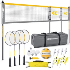 Volleyball Badminton Net Set with Adjustable Poles Ball 4 Rackets 4 Shuttlecocks