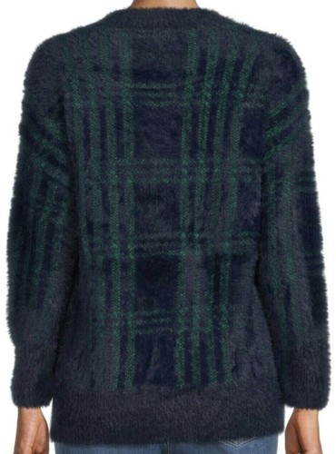 Women's Eyelash Knit Sweater Soft Pullover Navy Plaid Size (8-10) Time and Tru - Picture 2 of 2
