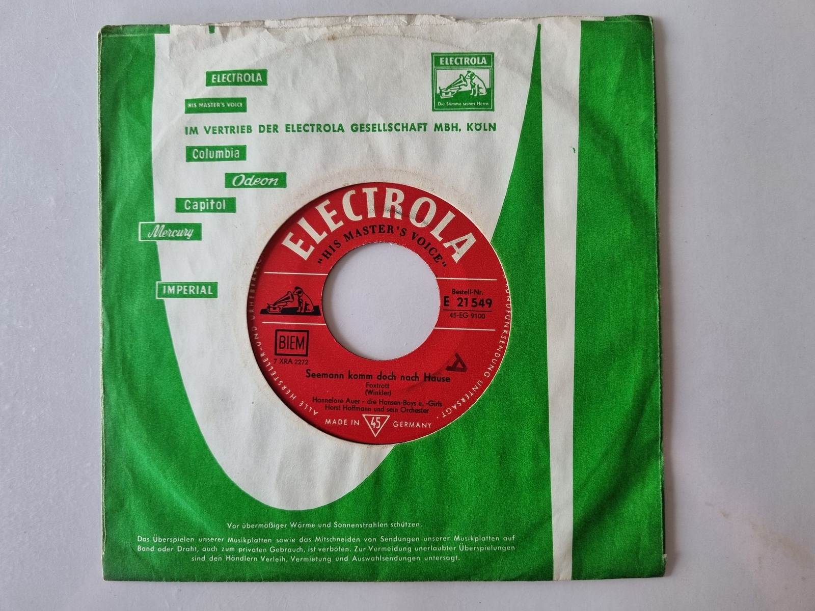 Hannelore Auer - Seemann komm doch nach Hause 7'' Vinyl Germany