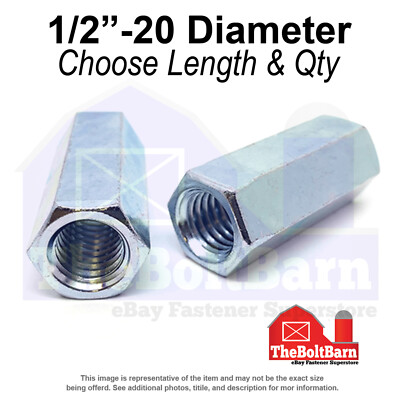 1/2''-20 x 1-1/4'' Steel Coupling Nuts Zinc Clear Fine Thread (Pick Quantity)