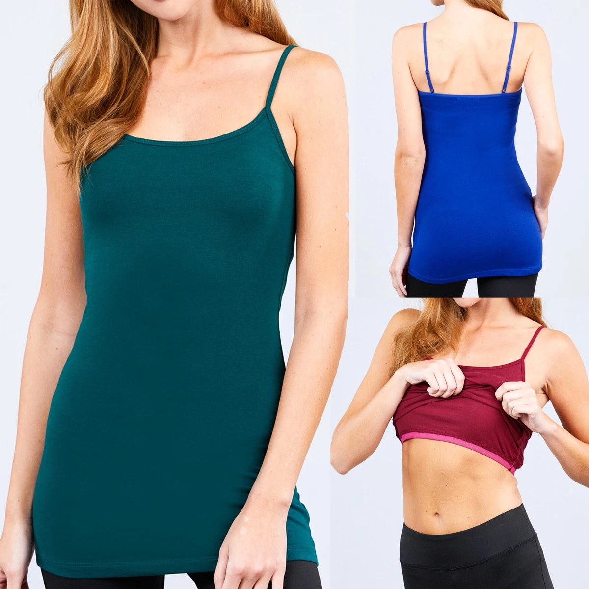 Long Cami With Built in Shelf Bra Adjustable Strap Women Layering basic  tank top