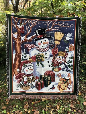 Crown Crafts Christmas Throw Holiday Snowman Snow Woven Tapestry Blanket 46x53