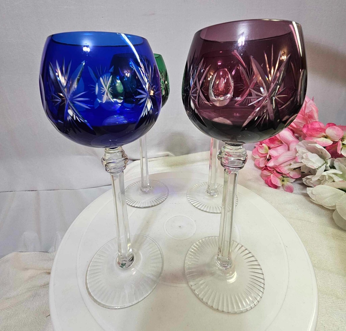 ゲンママ様3点おまとめ希少Czechoslovakiaガラスヴィンテージ9625 Set of 4 -Bohemian Czech Cut Crystal Wine Glasses Multicolor