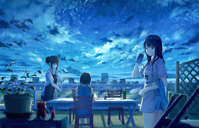 Anime girls sky original characters city starry Playmat Game Mat Desk