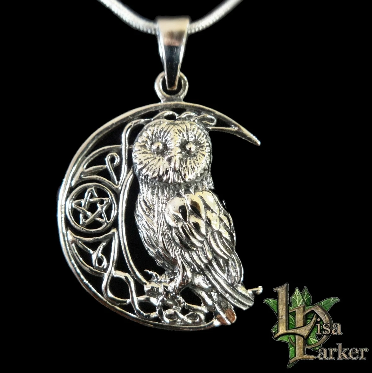 LISA PARKER OWL MOON PENDANT STERLING SILVER Pentagram Pouch Chain Pagan Wicca
