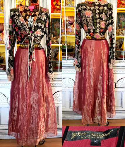 Vintage Betsey Johnson 90s Organza Maxi Dress Skirt Crochet Bead Wrap Top Set SM