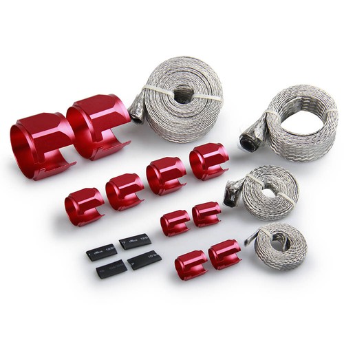 Red Universal Chrome Braided Stainless Steel Hose Cover Kit Radiator Fuel Line - Picture 2 of 12