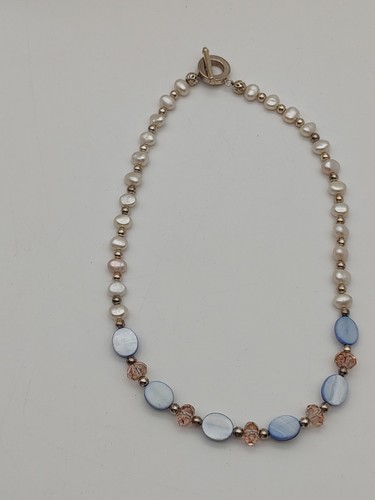 Abalone And Pearl Necklace Silver Tone Toggle Clasp 16.5" #10 - Picture 4 of 6