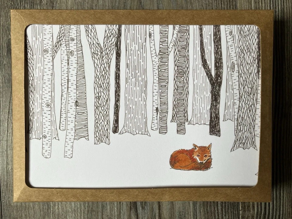 Оригинальная художественная лиса в зимнем лесу коробка 10 пустых поздравительных открыток и конвертов - Изображение 4 из 4