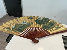 LARGE VINTAGE ORIENTAL ASIAN WALL FAN DECOR HAND PAINTED * 51" x 30"