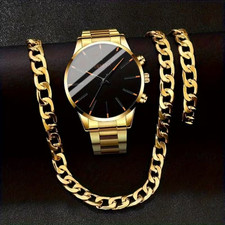 3pcs Men's Watch & Necklace Bracelet Set Golden-Tone Luxury Quartz Watch
