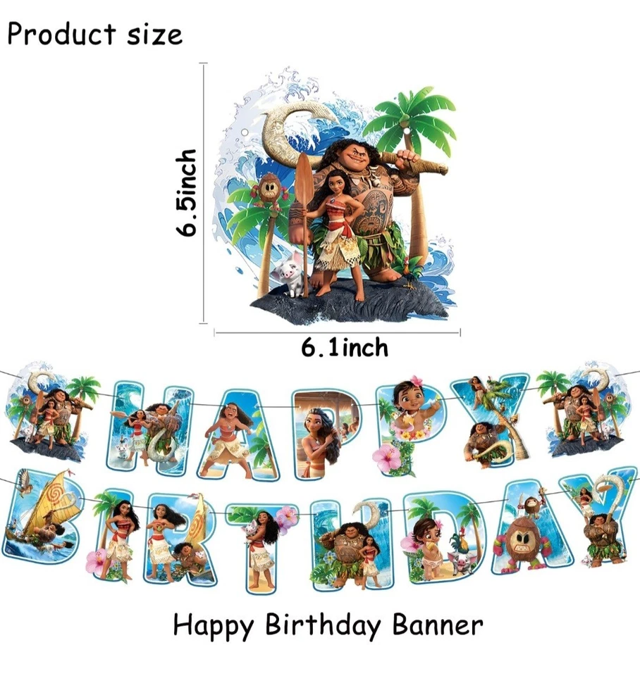 Decorações de festa de aniversário Moana, incluem banner de aniversário, balões, enfeites de bolo - Imagem 4 de 4