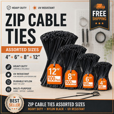Zip Cable Ties Assorted Sizes 4  6  8  12   Heavy duty Nylon Black UV Resistant
