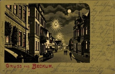 Mondschein Litho Beckum im Kreis Warendorf, Nordstraße mit Hotel... - 11259326