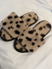 Women s Leopard Animal Print Faux Fur Slide Slippers Open Toe Flat US 8