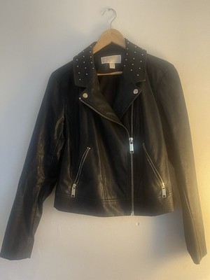 Michael Kors Studded Black Biker Jacket Zip Closure Pockets Women's Long Sleeve