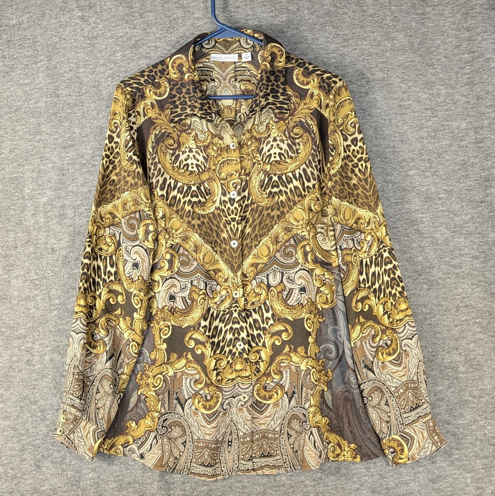 Susan Graver Animal Print Paisley Shirt Tunic Women's Size 12 Long Sleeve