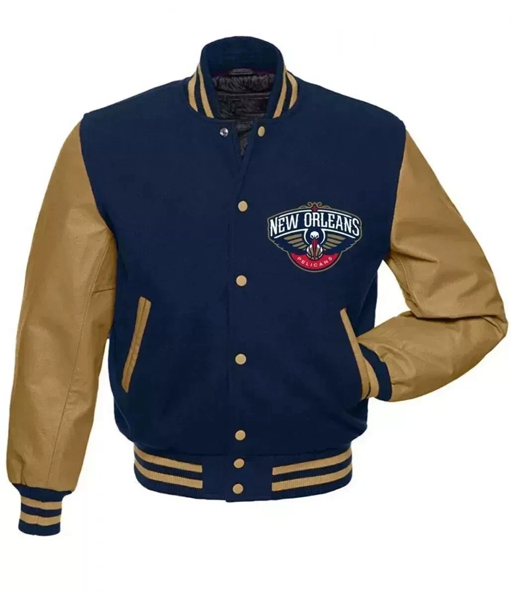 New Orleans Pelicans Varsity Jacket Navy/Brown Wool & Leather Bomber Style Coat