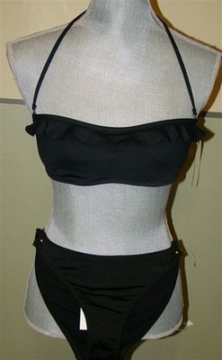 NWT BCBG Max Azria Ruffle Bikini Halter Top M & Bottom Black S #100059
