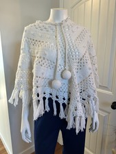 Vintage 1970s Crocheted Poncho White w/ Puff Ball Ties Womens One Size Handmade