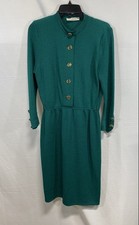 Vintage 80s St. John Women's Teal Green Santana Knit Sweater Dress Gold Button S