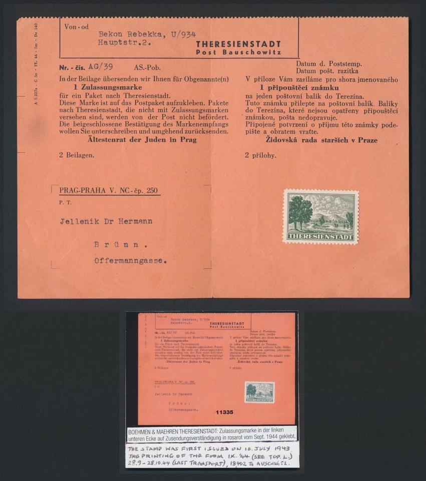 1944 GERMANY OCC CZECHOSLOVAKIA POSTCARD THERESIENSTADT CAMP PACKAGE PERMIT - Image 3 of 4