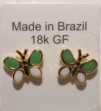 18k Gold Filled Kids' and Babies' Butterfly Stud Earring Green White Stones