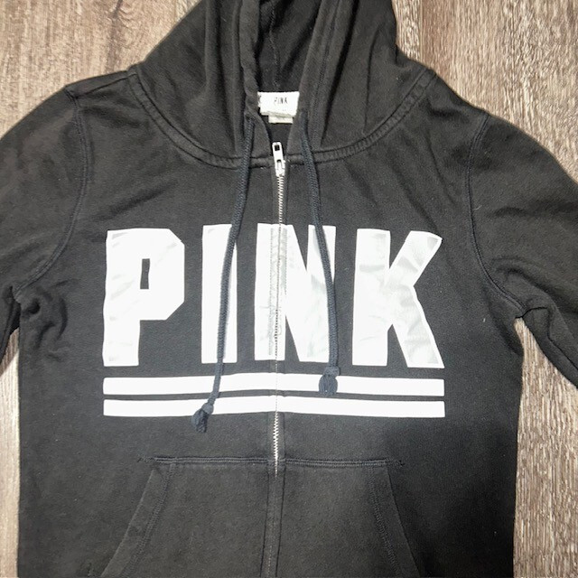 PINK Victoria's Secret Black Hoodie LOGO Full Zip Front Women's